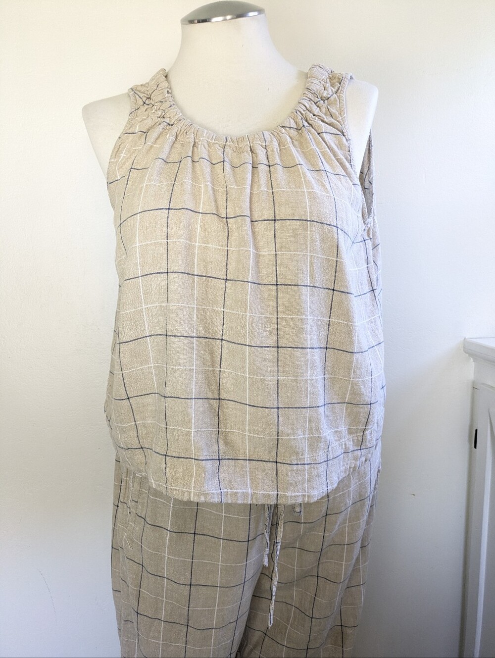Zac & Rachel Linen Pant Tank Set XL Beige Navy Striped - Picture 3 of 8